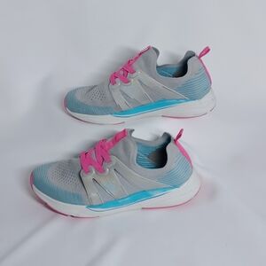 Girls Gray Teal Pink Round Toe Memory Foam Slip On Lace Up Athletic Sneaker Sz 3